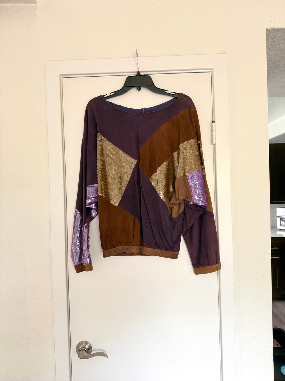 Vintage Purple and Brown Sequin-Accent Suede Women’s Top